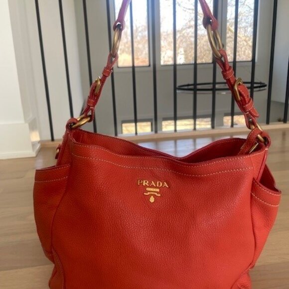 Prada Vitello Daino Side Pocket Hobo Shoulder Bag Papaya - Picture 2 of 7